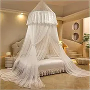 Bed Curtains from Ceiling,Round Dome Hanging Lace Princess Bed Canopy,Double-Layer Sheer Design,360° Dustproof for Girls and Adults Bedroom Decor(White)