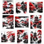Japanese Wall Art Prints - Japanese Landscape Posters Red and Black Cherry Bl...