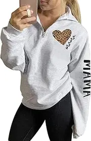 [JIELAFIC] Womens Mama Sweatshirt Mom Life Zip Up Pullover Mama Hoodie High Collar Quarter 1/4 Zip Coat Y2k Sweater