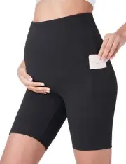 Maternity Yoga Shorts Over Belly Bump Black Large 8" Women's Activewear