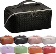 Large Capacity Travel Cosmetic Bag for Women,Portable Makeup Bag,Open Flat Toiletry Bag,Toiletry Make Up Brush Storage Bag,Waterproof Leathe,with Handle(B-Black)
