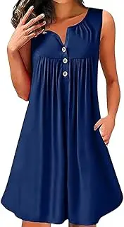 [Generic] Women's Ruched Front Button Down Neck Sleeveless Loose Casual Mini Tank Dress