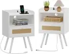 Nightstands with Charging Station, Bedside Table Set of 2 with PE Rattan Drawers