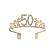 Birthday Crystal Rhinestone Tiara Queen Crowns Dance party Headband Hair Combs Pin for Women's 50th Birthday Party Favor (Gold) Golden