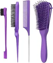 Hair Brush with Hair Styling Comb Set, Detangling Hair Brushes for Women Men Kids Curly Hair, Hair Brush Set with Detangler Brush Teasing Hair Brush Rat Tail Comb Edge Brush (Purple)