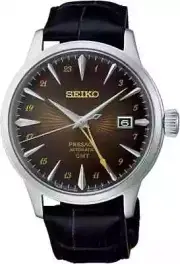 New Seiko Men's Presage GMT Brown Dial Cocktail Time Leather Band Watch SSK039