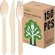 (150 Count) Disposable Wooden Cutlery Set - Alternative to Plastic, Eco Friendly, Biodegradable, Compostable Cutlery Set - 50 Wood Spoons, 50 Wooden Knives & 50 Wooden Forks Disposable Utensils Set