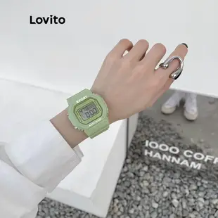 Lovito休閒素色方型錶盤多功能LED燈電子手錶LL4022（綠色/粉紅色/白色/黑色）