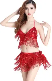 Women'S Belly Dance Costume Bra Top with Chest & Hip Scarf with Fringe