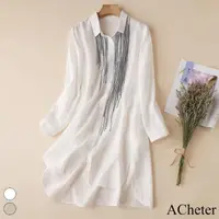 在飛比找momo購物網優惠-【ACheter】秋新款長袖刺繡寬鬆棉麻長版襯衫上衣罩衫#1