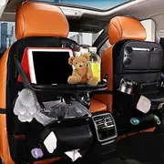 EYmann Backseat Car Organizer with Tray, Car Seat Back Storage Organizer, Car Back Seat Organiser with Foldable Table Holder and Trash Bags, Leather Car Backseat Protector Kick Mats for Travel, 2pack