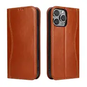 For iPhone 16 Pro Max Case Fierre Shann Genuine Leather Wallet Cover Brown