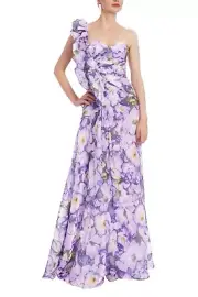 Badgley Mischka Ruffle One Shoulder Floral Gown sz 6 Lilac Prom MOB $990 Gala