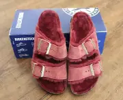 Birkenstock Shearling Arizona Suede Leather Maroon Two Strap Sandals Size 37 New