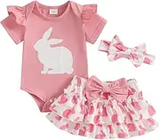 [PENNSOY] Newborn Baby Girl Easter Outfit Bunny Clothes Short Sleeve Romper+Bloomers Tutu Skirt+Headband 3Pcs Clothes Set