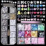 3D Nail Charms Set, Color Butterfly Blossom Flower Bow Moon Heart Star Nail Art Charms, Half Round Pearl+Flatback Gems AB+Hollow Butterfly Alloy Nail Charms DIY Nail Art Supplies Accessories