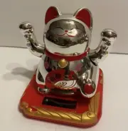 Japanese Solar Energy Lucky Money Cat with 2 hands waving-silver