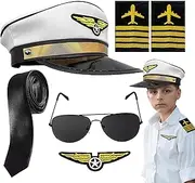 Pilot Costume for Kids, 6pcs Pilot Captain Clothing Accessories, Pilots Hat Badge Tie Glasses, Halloween Captain Cosplay