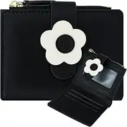 [Farcauo] Cute Black Small Wallets Coin Purse Minimalist 3D Flower Leather Coin Purse and Credit Card Holder with ID Window Kawaii Travel Cash Wallet for Ladies