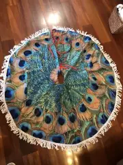 48 inch Peacock Feather Circle Christmas Tree Skirt With Fringe Edge