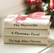 NEW! Classic Christmas Stacked Book Set Tied With Red Ticking Stripe Ribbon