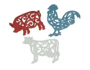 Zeckos Set of 3 Cast Iron Farm Animal Kitchen Trivets Decorative Wall Hanging