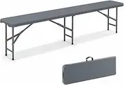 Costway 180cm Outdoor Plastic Folding Bench, Portable Fold-in-Half Seat w/ 600kg Capacity, HDPE Thickened Long Seat w/Handle & Lock, for Outdoor Camping Picnic Party Soccer Events (Gray)