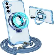Magnetic Mobile Phone Chain for Samsung Galaxy S24 with Strap [Compatible with Mag-Safe] Camera Protection Electroplating Transparent Silicone Case Removable Cord for Hanging Mobile Phone Case