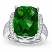Cushion-Cut Simulated Peridot and Lab-Created White Sapphire Ring in Sterling Silver