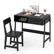 Babyjoy Kids Desk & Chair Set Wooden Children Study Table w/Drawer & Hutch Student Writing Desk Black