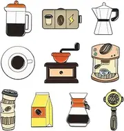 [Airssory] 10 Styles Enamel Coffee Brooches Pins Cartoon Coffee Machine Mocha Pot Coffee Bean Lapel Brooch Charm Pins for Backpack Clothes Bags Hats