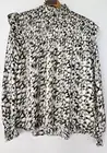 Ruffle Smocked Sheer Top Blouse Office Classy SZ L Black White Flattering NWT