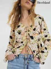 River Island Yellow Floral Print Tie Front Top (H15996) | $74