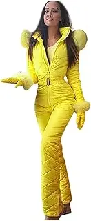 [Bilqis] Women's Snowsuit One Piece Ski Suit Jumpsuits Hooded Outdoor Sports Waterproof Ski Outfits Romper Warm Winter Onesie