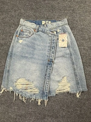 Free People Surfs Up Ripped Denim Skirt Blue 24 Festival Western Button Fly