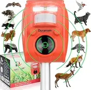 Duranom Solar Powered Animal Repeller Ultrasonic Cat Deer Dog Birds Repellent Outdoor With Motion Sensor Activated Flashing Light And Alarm Sound, Pest Control Chaser Device, USB And Batteries Incl.