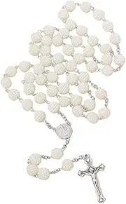 [Aoxmas] Simulated Pearl Rosary Necklace with Crucifix Pendant, Long Beaded Chain with Silver Plated Metal Cross Pendant for Women