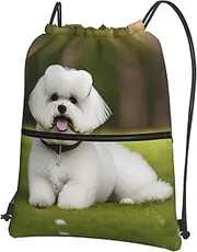 EdWal Cute Bichon Frise Dog Print Drawstring Backpack Gym Bags Sports Bags With Zipper Pocket For Travel Beach, Black, One Size