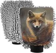 XYMZR Retro Fox Closeup Absorbent Microfiber Car Wash Mitt, Funny Cute Anime Scratch Free for Cars Cleaning, Home Cleaning Mitts, 2 Pack, 10.24” L x 7.09” W