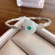 [HEYONA] Women Jewelry 925 Silver Sterling Bracelet Fashion Cuff Bangle Chain Bracelets,Vintage Bamboo Joint Green Jade Button Ethnic Cuff Bangle Adjustable Open Amulet Bracelet