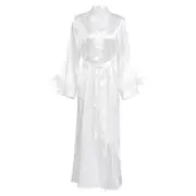 Nevenka Kimono Long Robe Sexy Satin Loungewear with Feather Trim for Women