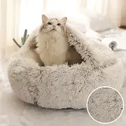 Dog Round Cat Winter Warm Sleeping Bag, Long Plush Soft Pet Bed, Soft Plush Burrowing Cave Hooded Calming Bed Washable (Color : Coffee, Size : 50cm)