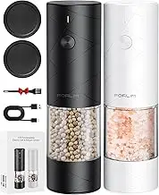 FORLIM Electric Salt and Pepper Grinder Set, Rechargeable One-Button Control Salt Pepper Shakers 6-Levels Adjustable Coarseness with Dust Cover/Warm LED Light, Salt Mill Refillable, White & Black