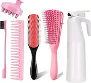 Michgar Detangling Pink Brush Set - Curly Hair Brush with Spray Bottle, Comb, Scalp Massager, 9-Row Cushion Nylon Bristles for Wet and Dry Hair