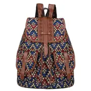 GGP Lozenge Pattern Bohemian Style Canvas Backpack Vintage Tribal Pattern Travel Bag With Leather Straps