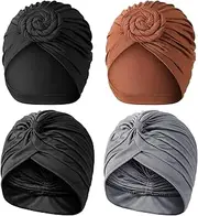 [Bunnycool] 4 Turbans for Women 2 African Knot Pre-Tied Bonnet 2 Twisted Pleated Headwraps Soft Beanie Headwrap for Black Women, Black, Coffee, Gray, One Size