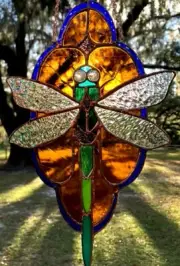 Green Amber Blue DRAGONFLY WINDOW PANEL Australian Real Stained Glass SUNCATCHER