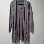 Caroline Morgan Size 14 Grey Long Knit Cardigan With Ribbed Detail Cotton Blend