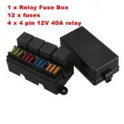 12 Way Car Blade Fuse Box 4-relay Holder Block 12V w/Spade Terminals & Fuse