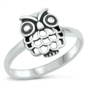 Owl Ring Genuine Solid Sterling Silver 925 Oxidized Face Height 12 mm Size 4